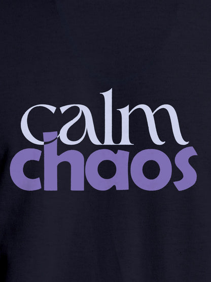 Close up of 'Calm Chaos' design on Men's Navy Blue Round Neck T-shirt, highlighting intricate details and vibrant print.