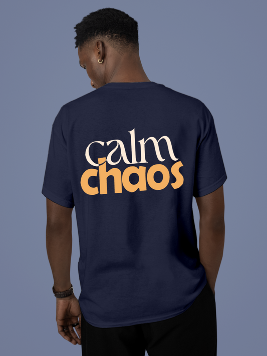 Fighterhero T-shirts: Model wearing Men's Navy Blue Round Neck T-shirt with 'Calm Chaos' design