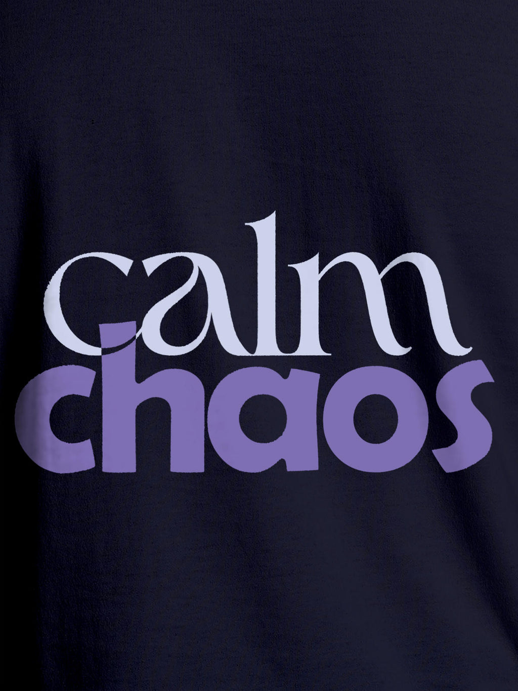 Close up of 'Calm Chaos' design on Women's Navy Blue Round Neck T-shirt, highlighting intricate details and vibrant print.