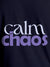 Close up of 'Calm Chaos' design on Women's Navy Blue Round Neck T-shirt, highlighting intricate details and vibrant print.