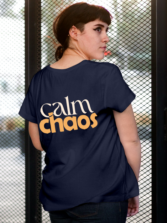 Fighterhero T-shirts: Model wearing Women's Navy Blue Round Neck T-shirt with 'Calm Chaos' design