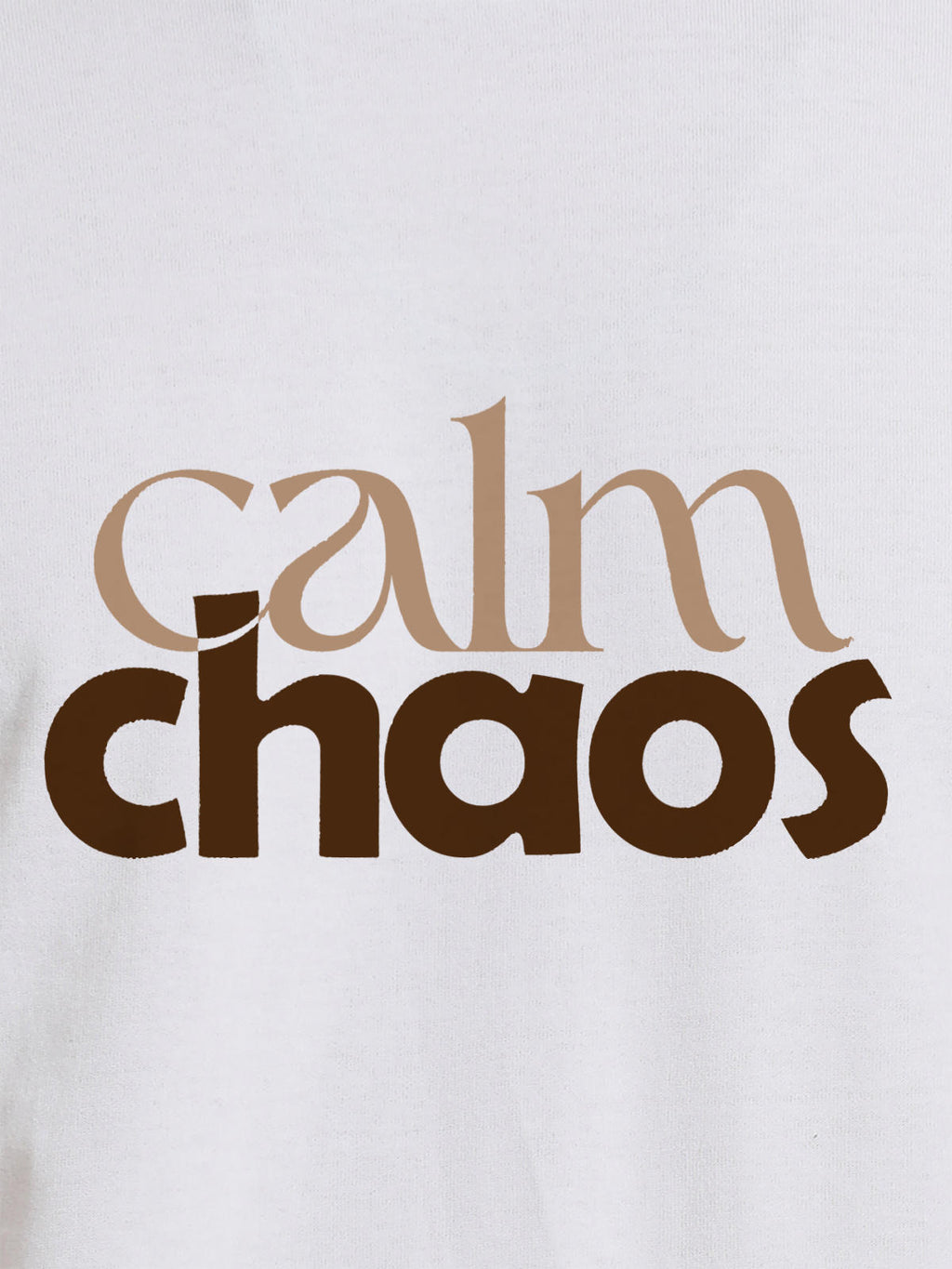 Close up of 'Calm Chaos' design on Men's White Round Neck T-shirt, highlighting intricate details and vibrant print.