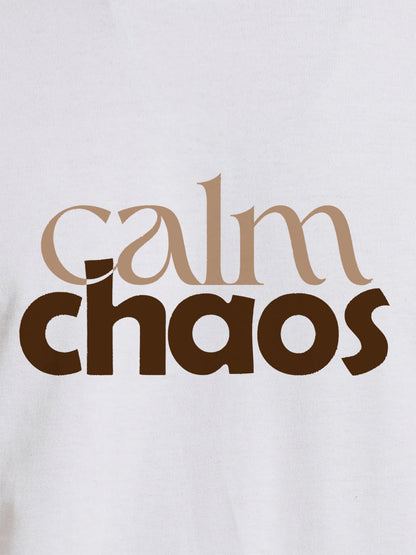Close up of 'Calm Chaos' design on Men's White Round Neck T-shirt, highlighting intricate details and vibrant print.