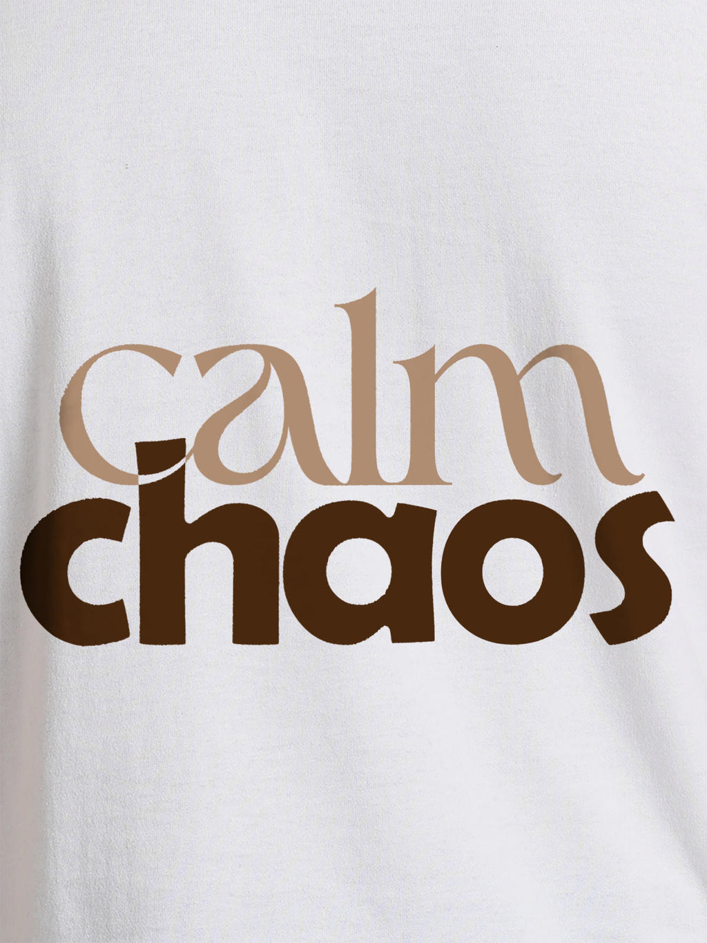 Close up of 'Calm Chaos' design on Women's White Round Neck T-shirt, highlighting intricate details and vibrant print.