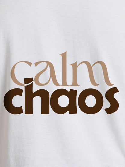Close up of 'Calm Chaos' design on Women's White Round Neck T-shirt, highlighting intricate details and vibrant print.