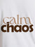 Close up of 'Calm Chaos' design on Women's White Round Neck T-shirt, highlighting intricate details and vibrant print.