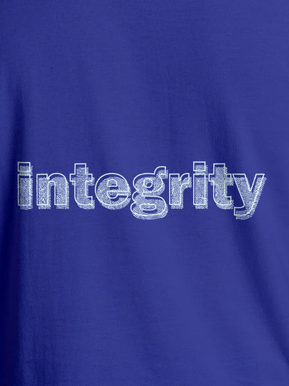 Close up of 'Integrity' design on Men's Blue Round Neck T-shirt, highlighting intricate details and vibrant print.