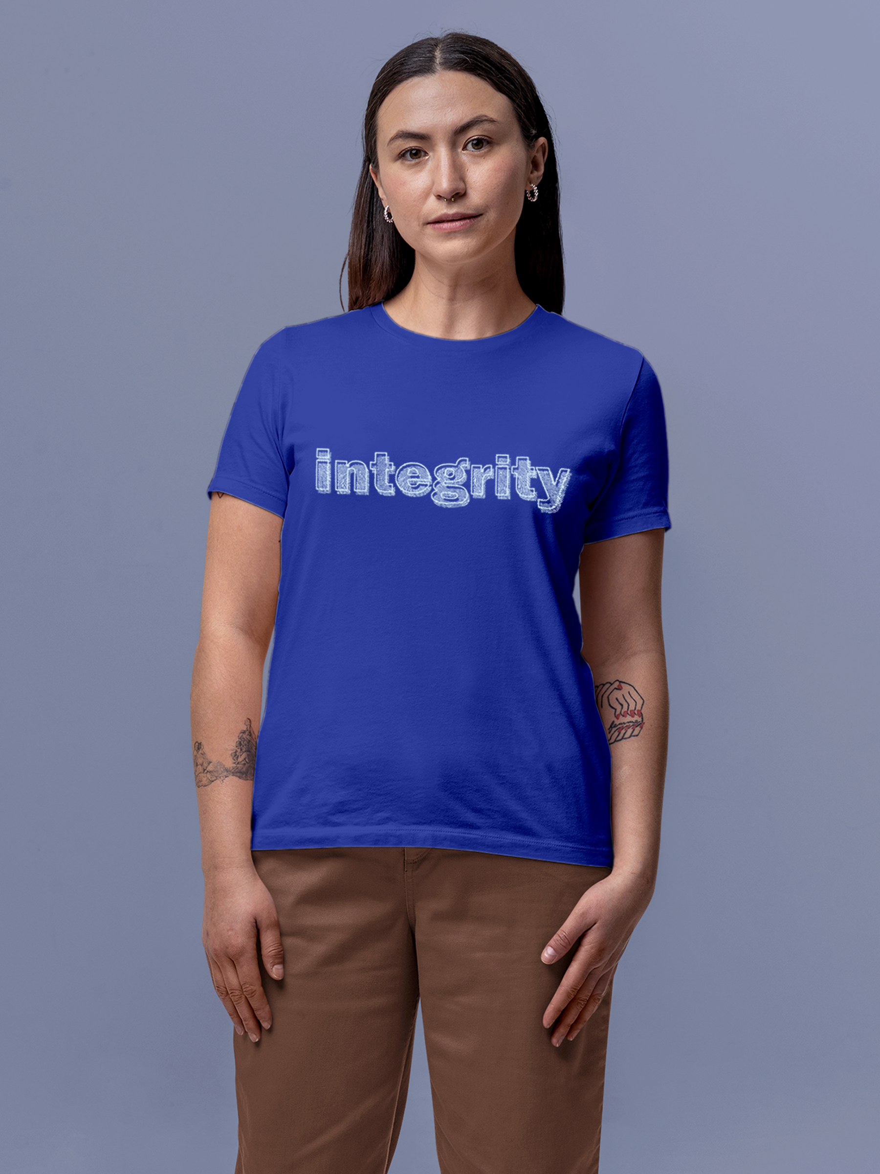 Model wearing Women's Blue Round Neck T-shirt with 'Integrity' design, offering effortless style and premium comfort