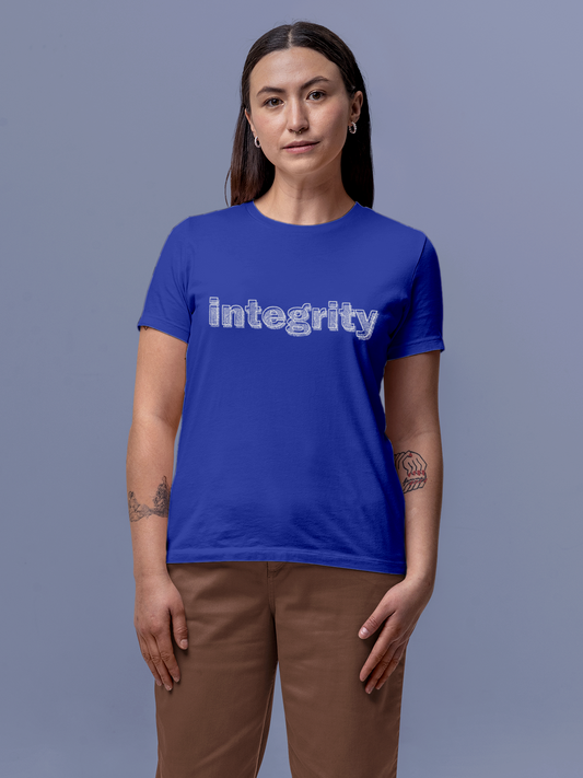 Fighterhero T-shirts: Model wearing Women's Blue Round Neck T-shirt with 'Integrity' design