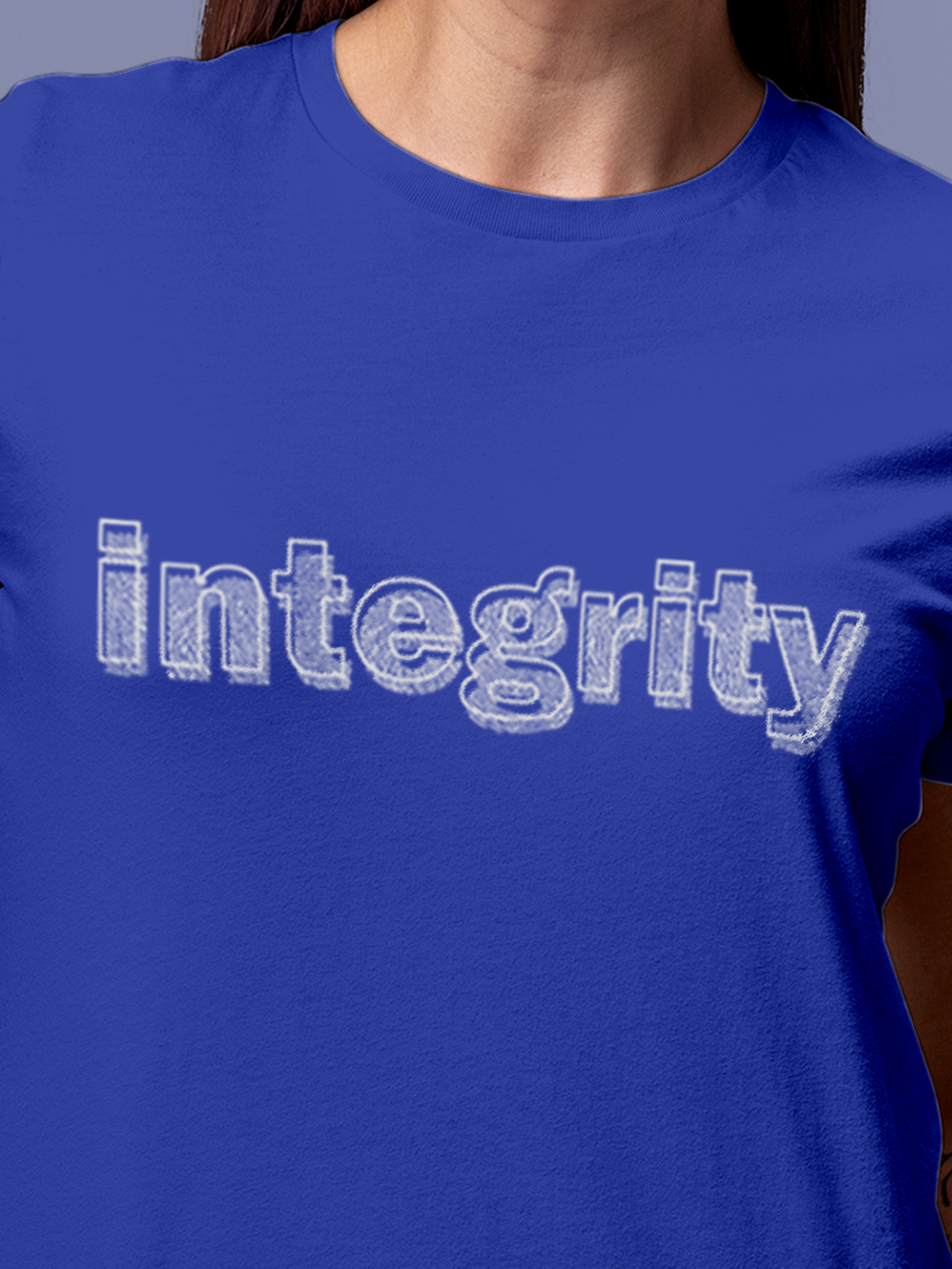 Close up of 'Integrity' design on Women's Blue Round Neck T-shirt, highlighting intricate details and vibrant print.