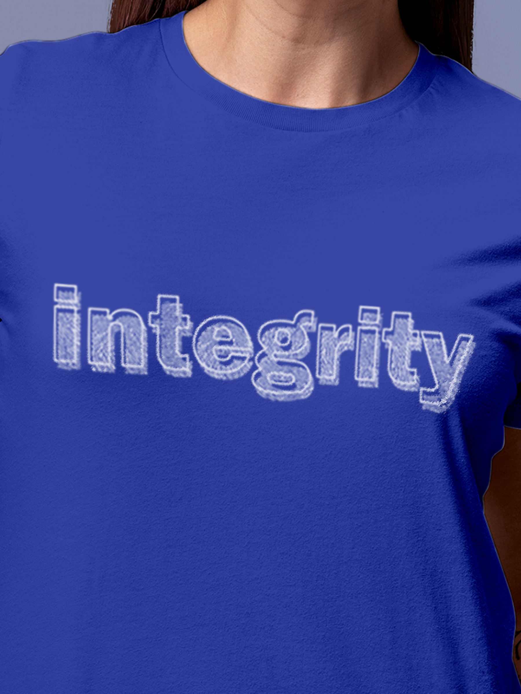 Close up of 'Integrity' design on Women's Blue Round Neck T-shirt, highlighting intricate details and vibrant print.