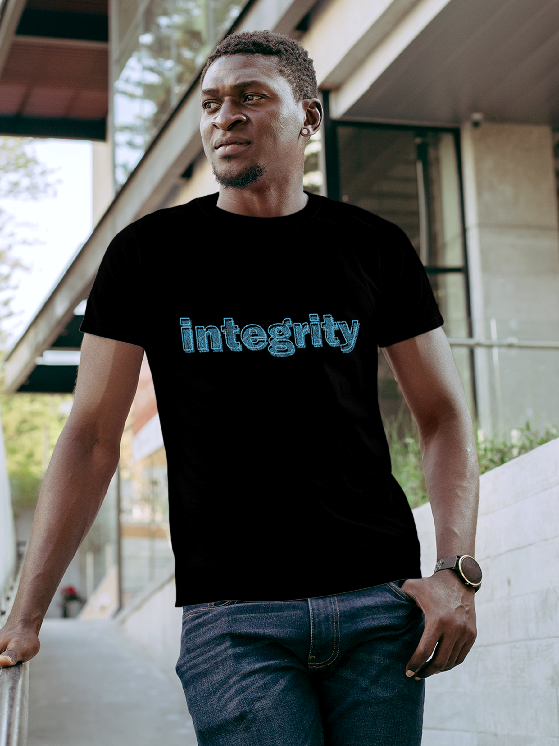 Model wearing Men's Black Round Neck T-shirt with 'Integrity' design, offering effortless style and premium comfort