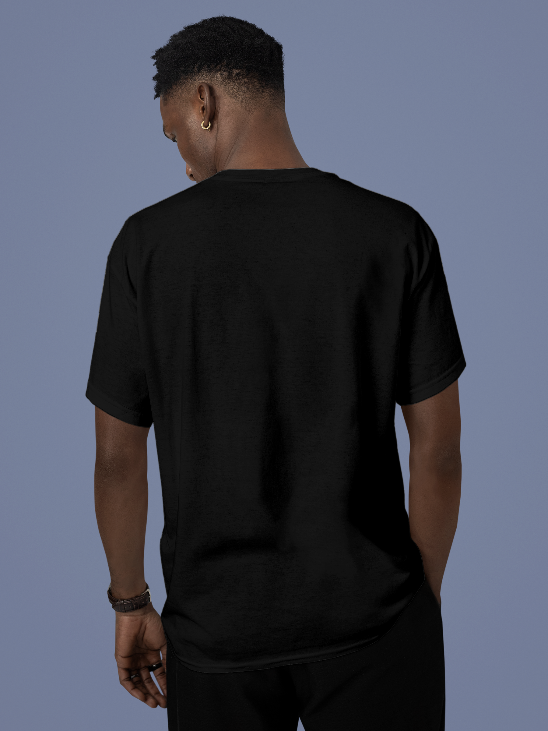Back view of Fighterhero Men's Black Round Neck T-shirt, highlighting the modern look and clean finish