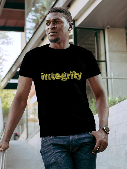 Model wearing Men's Black Round Neck T-shirt with 'Integrity' design, offering effortless style and premium comfort
