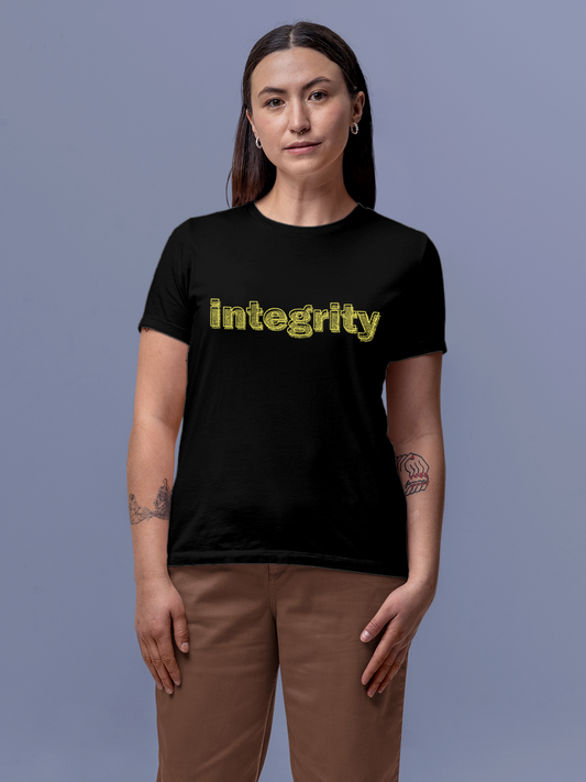 Fighterhero T-shirts: Model wearing Women's Black Round Neck T-shirt with 'Integrity' design