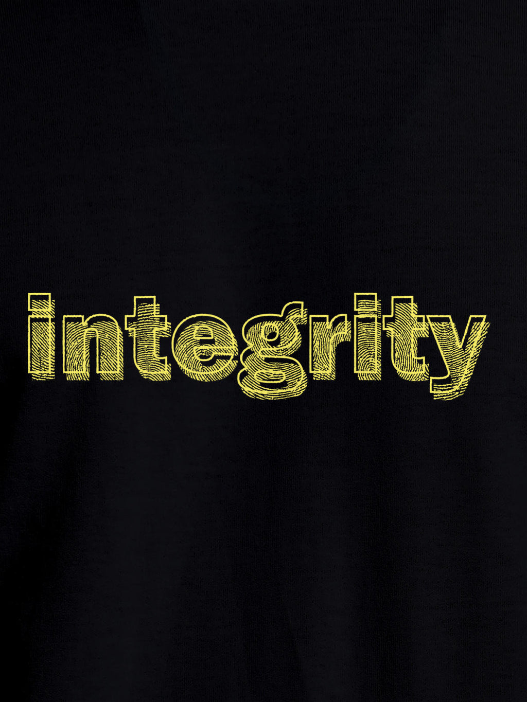 Close up of 'Integrity' design on Women's Black Round Neck T-shirt, highlighting intricate details and vibrant print.