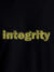 Close up of 'Integrity' design on Women's Black Round Neck T-shirt, highlighting intricate details and vibrant print.
