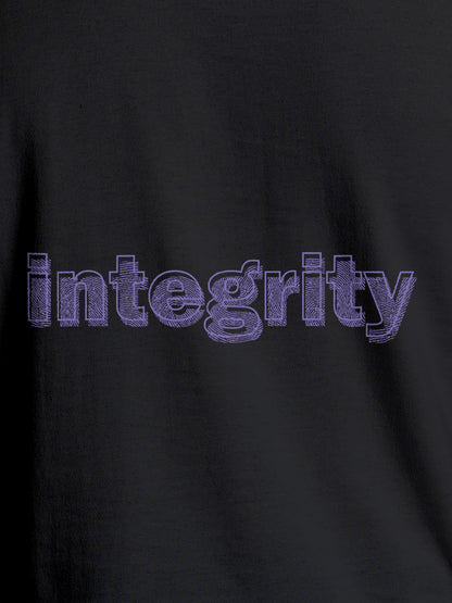 Close up of 'Integrity' design on Men's Dark Grey Round Neck T-shirt, highlighting intricate details and vibrant print.