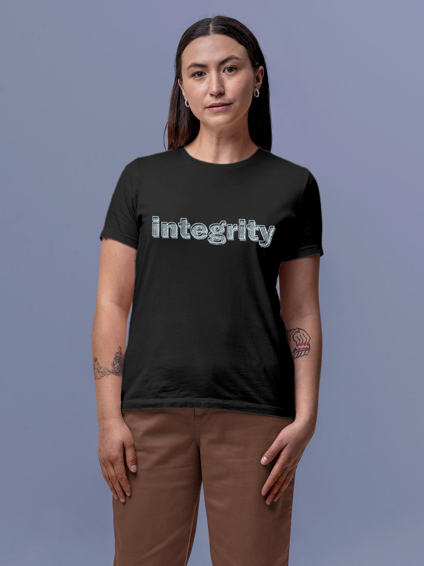 Model wearing Women's Dark Grey Round Neck T-shirt with 'Integrity' design, offering effortless style and premium comfort