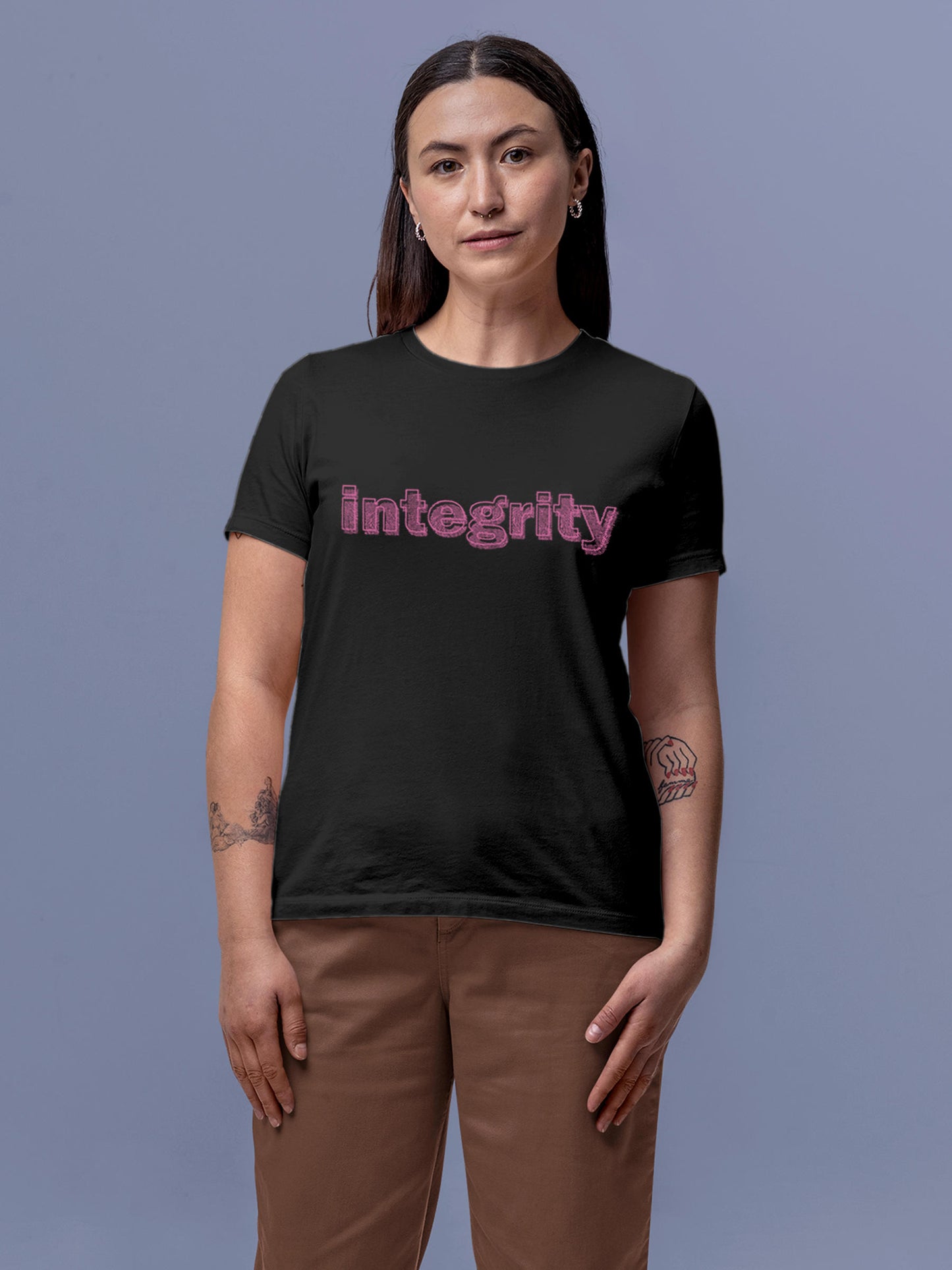 Model wearing Women's Dark Grey Round Neck T-shirt with 'Integrity' design, offering effortless style and premium comfort