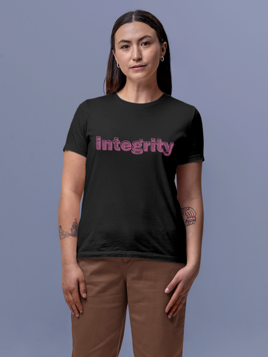 Fighterhero T-shirts: Model wearing Women's Charcoal Grey Round Neck T-shirt with 'Integrity' design