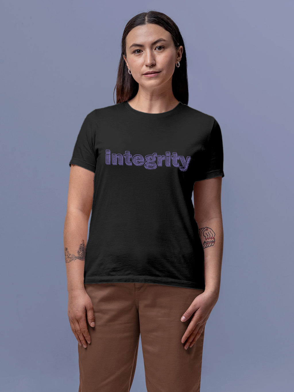 Model wearing Women's Dark Grey Round Neck T-shirt with 'Integrity' design, offering effortless style and premium comfort