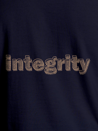 Close up of 'Integrity' design on Men's Navy Blue Round Neck T-shirt, highlighting intricate details and vibrant print.