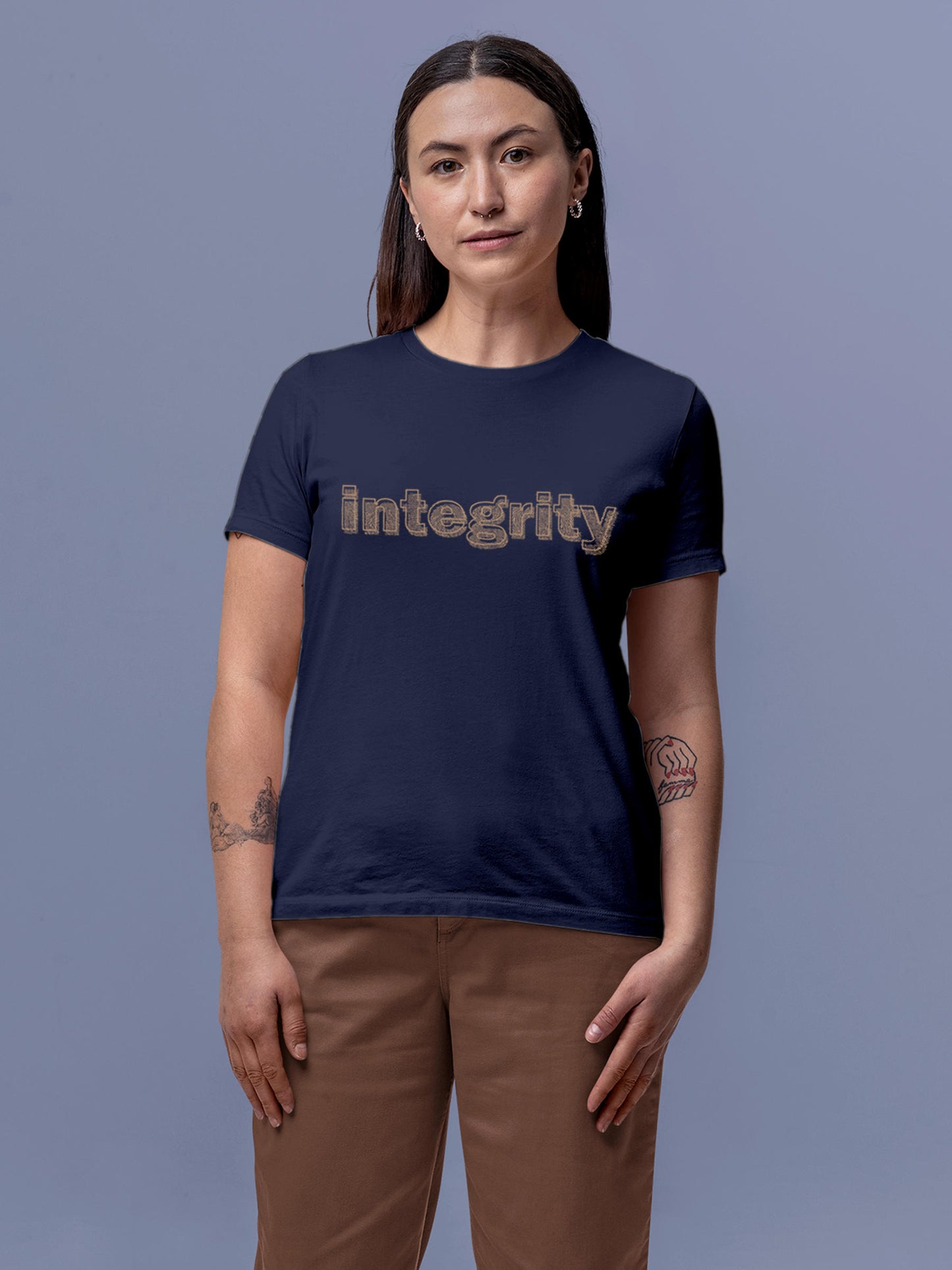 Model wearing Women's Navy Blue Round Neck T-shirt with 'Integrity' design, offering effortless style and premium comfort