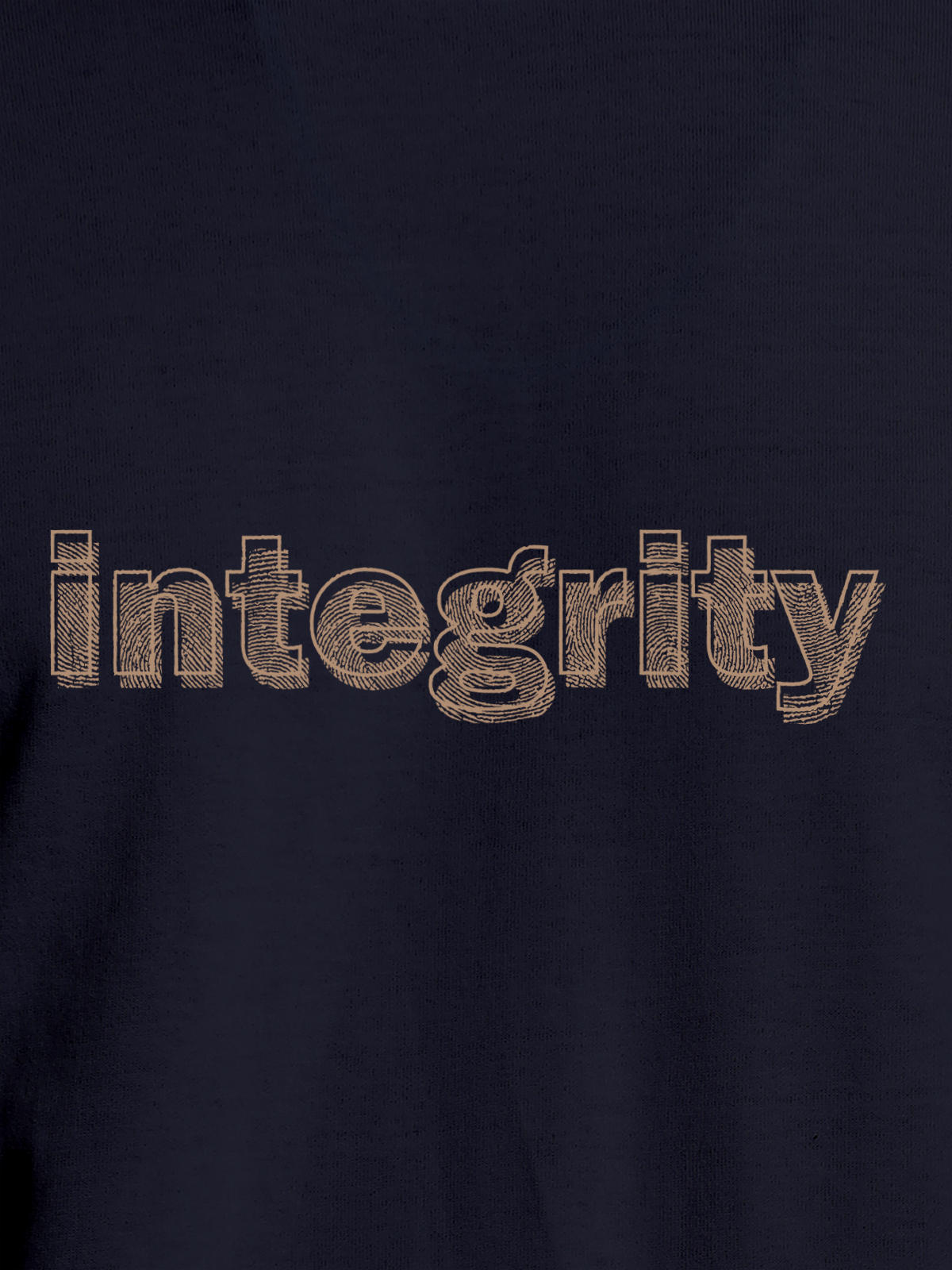Close up of 'Integrity' design on Women's Navy Blue Round Neck T-shirt, highlighting intricate details and vibrant print.