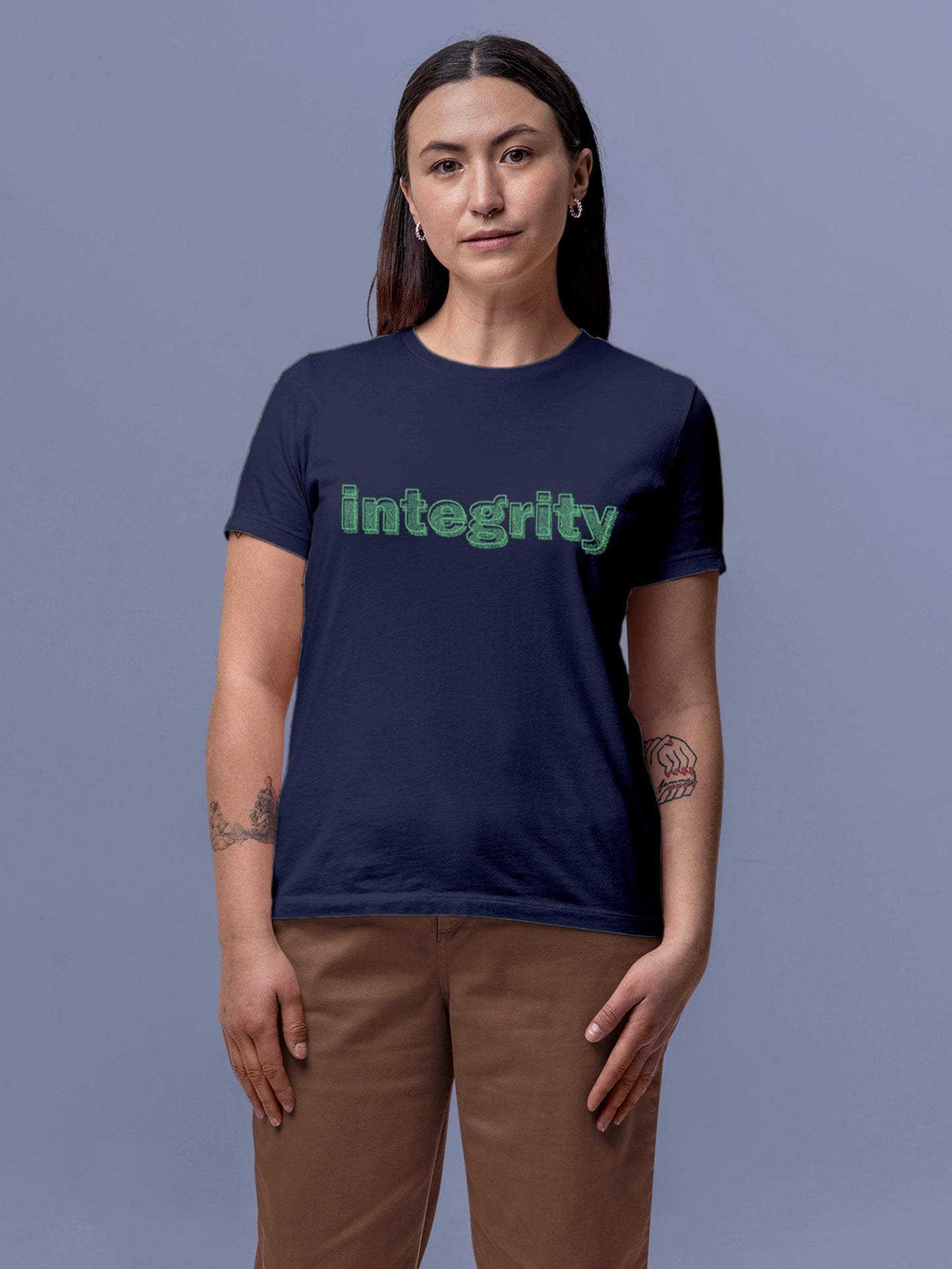 Model wearing Women's Navy Blue Round Neck T-shirt with 'Integrity' design, offering effortless style and premium comfort