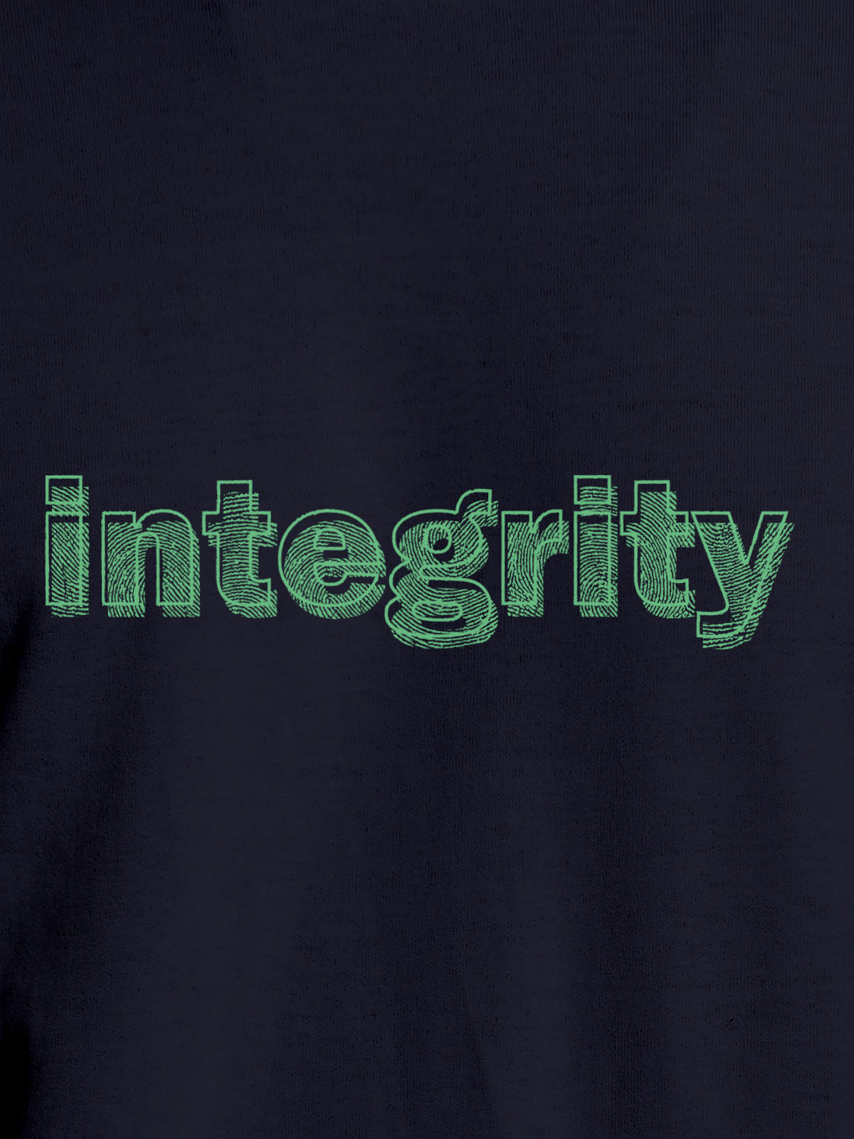 Close up of 'Integrity' design on Women's Navy Blue Round Neck T-shirt, highlighting intricate details and vibrant print.