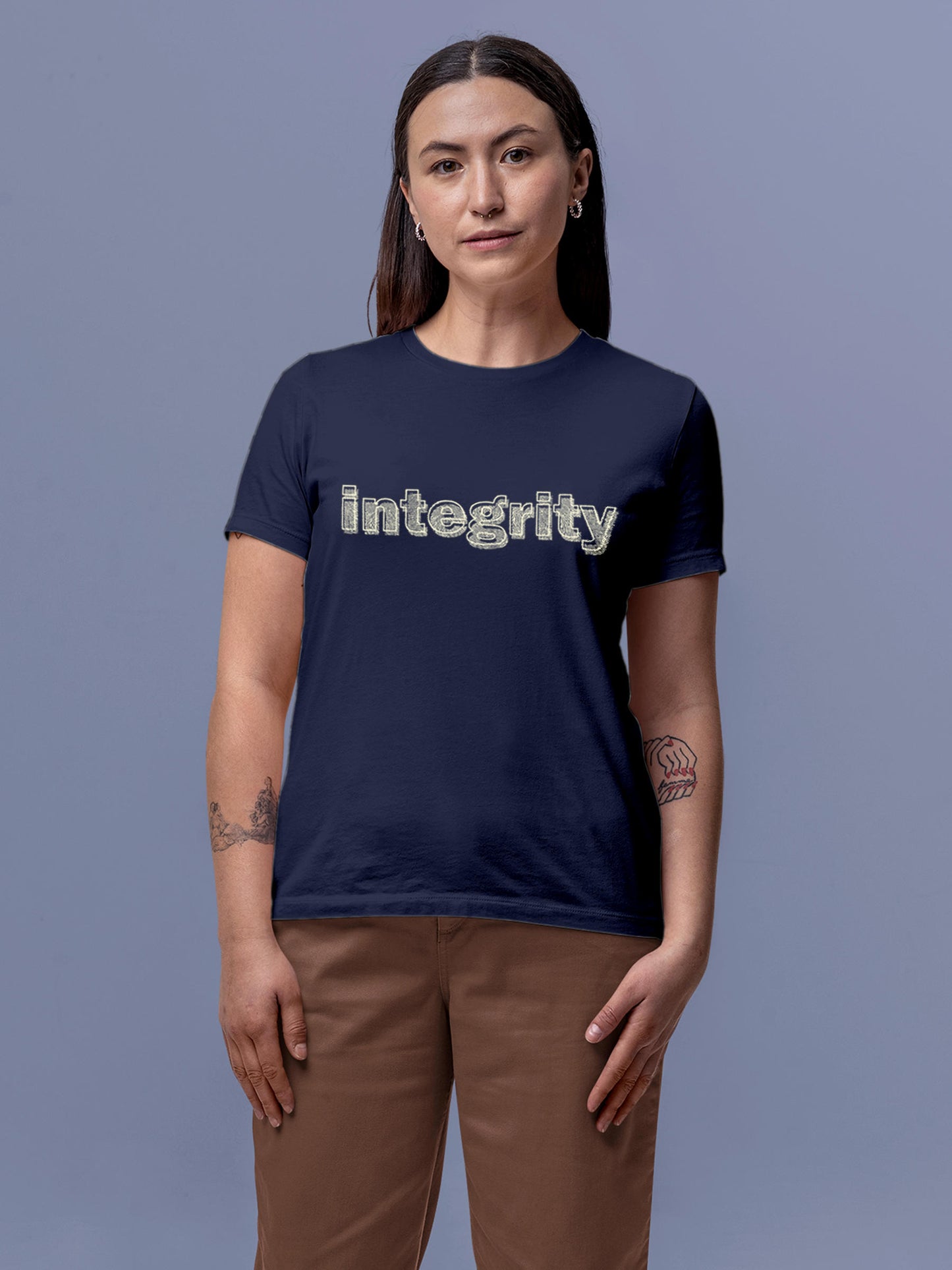 Model wearing Women's Navy Blue Round Neck T-shirt with 'Integrity' design, offering effortless style and premium comfort