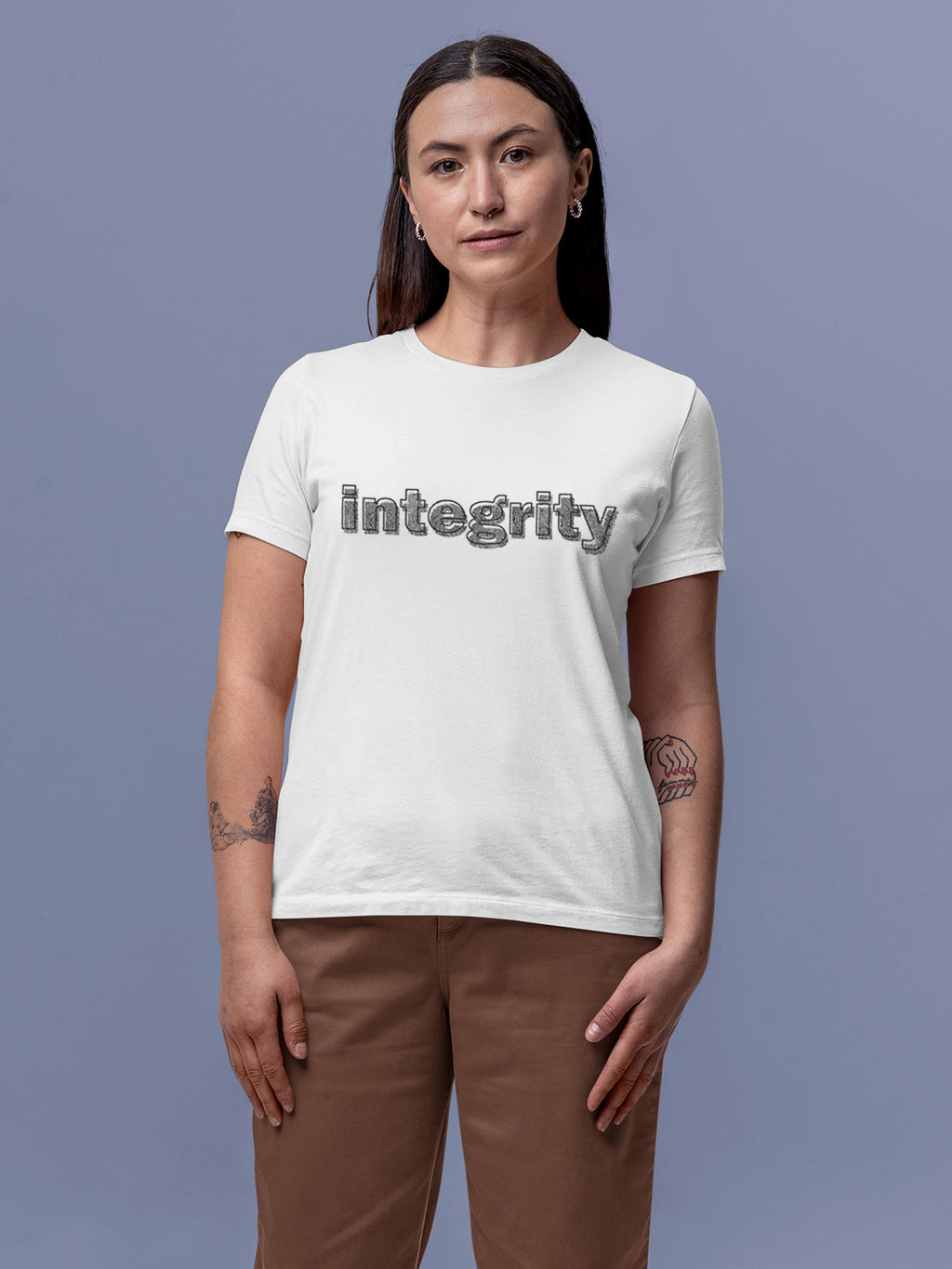 Model wearing Women's White Round Neck T-shirt with 'Integrity' design, offering effortless style and premium comfort
