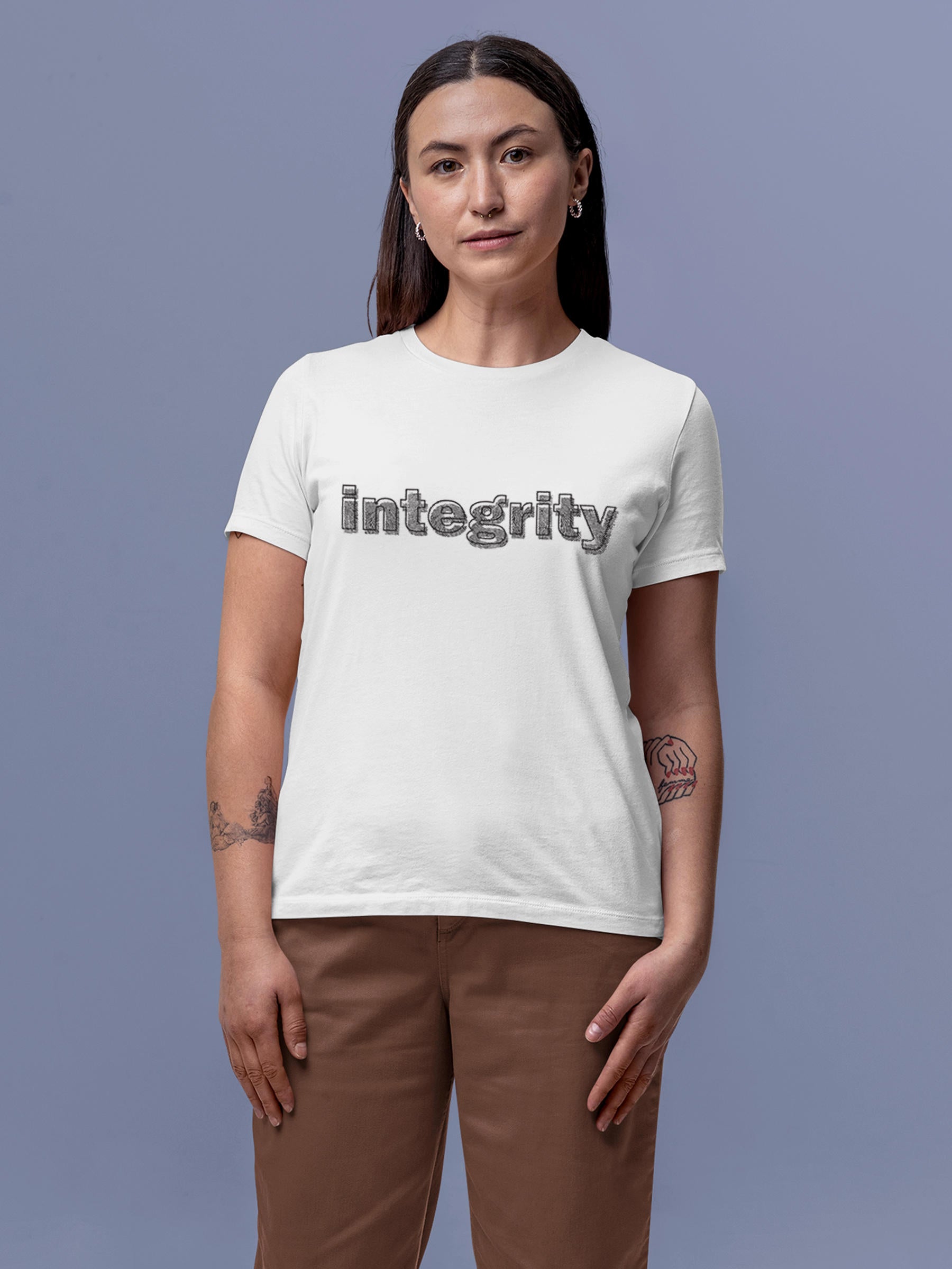 Model wearing Women's White Round Neck T-shirt with 'Integrity' design, offering effortless style and premium comfort