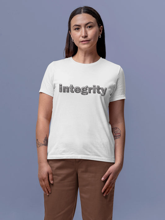 Model wearing Women's White Round Neck T-shirt with 'Integrity' design, offering effortless style and premium comfort