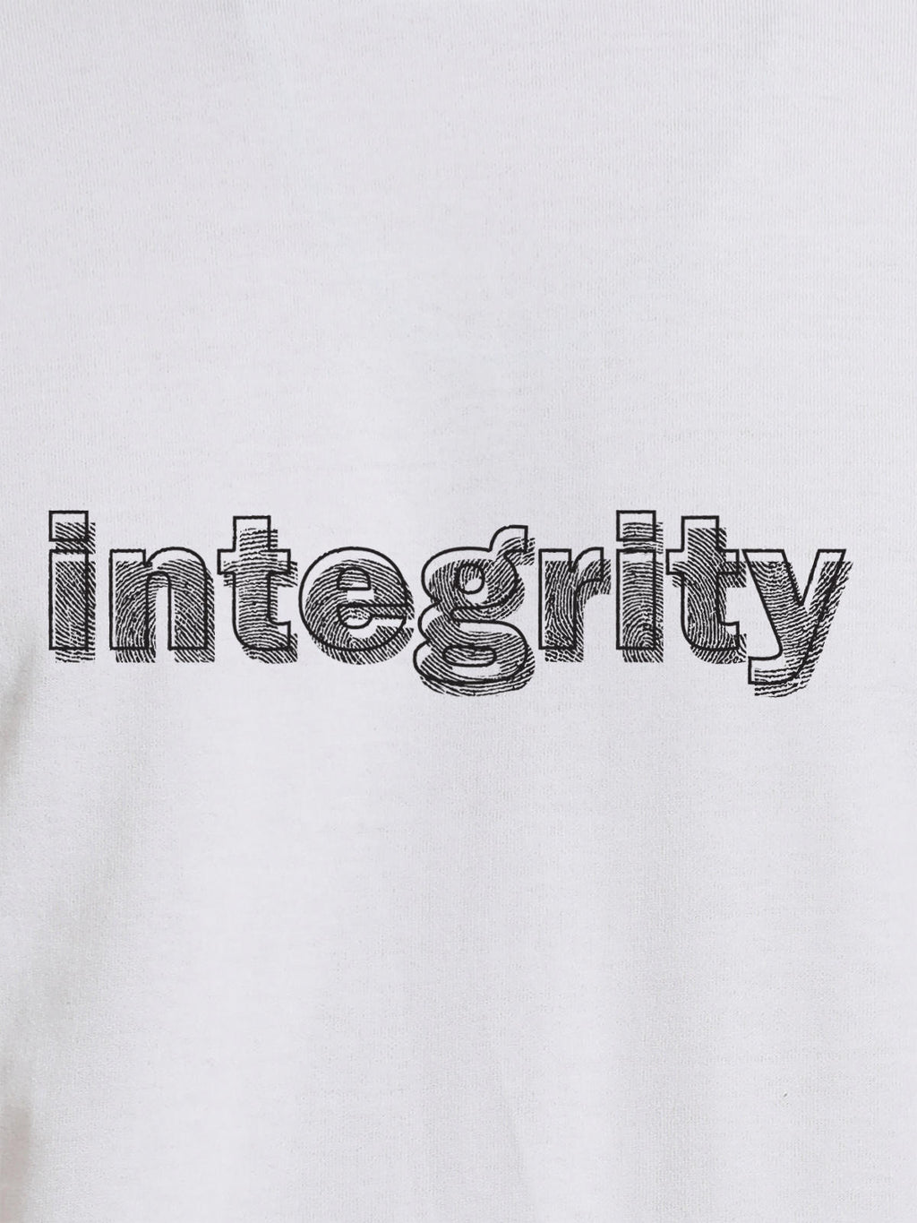 Close up of 'Integrity' design on Women's White Round Neck T-shirt, highlighting intricate details and vibrant print.