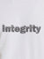Close up of 'Integrity' design on Women's White Round Neck T-shirt, highlighting intricate details and vibrant print.
