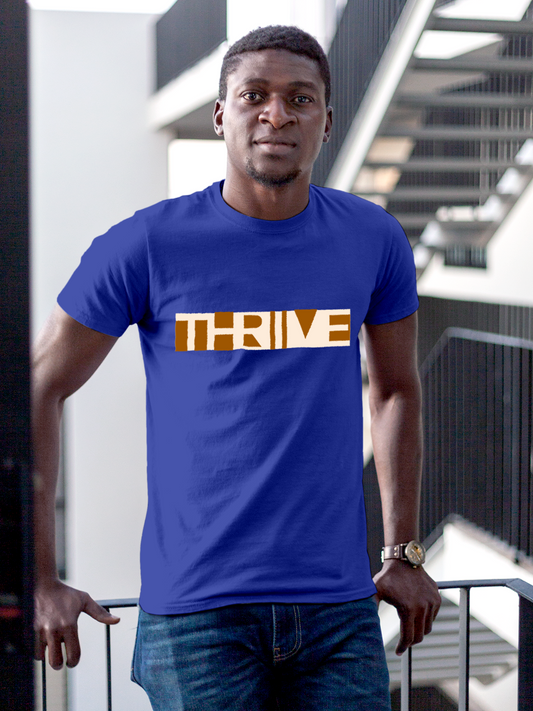 Fighterhero T-shirts: Model wearing Men's Blue Round Neck T-shirt with 'Thrive' design