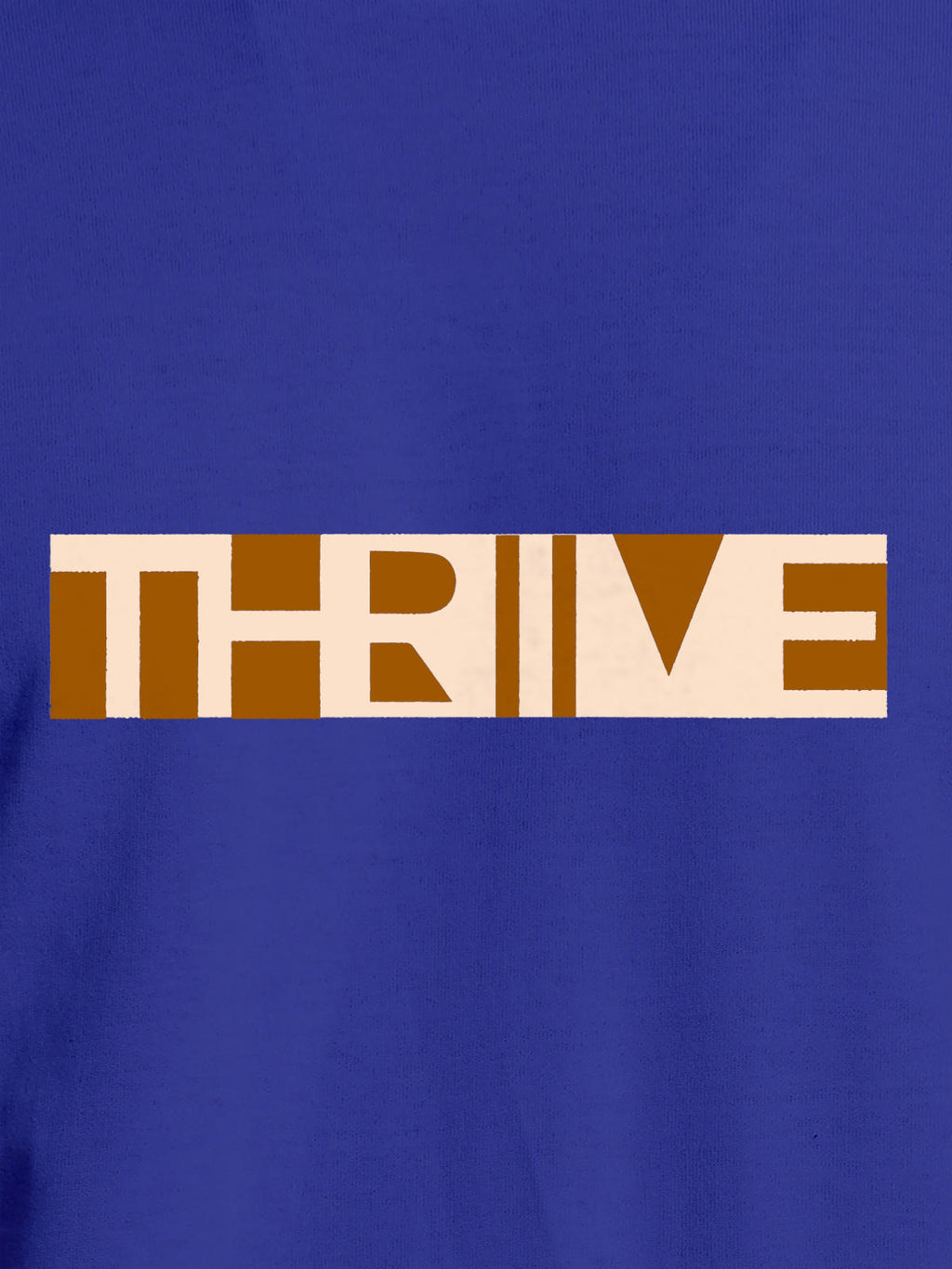 Close up of 'Thrive' design on Men's Blue Round Neck T-shirt, highlighting intricate details and vibrant print.