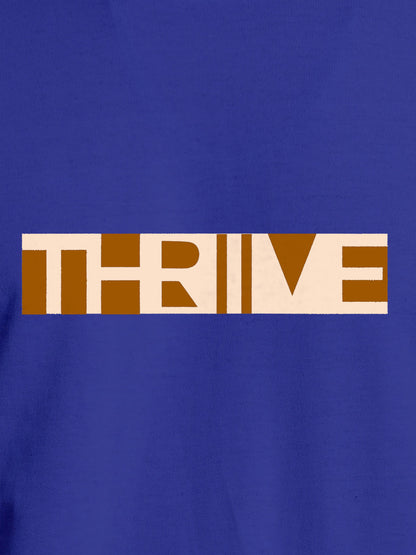 Close up of 'Thrive' design on Men's Blue Round Neck T-shirt, highlighting intricate details and vibrant print.