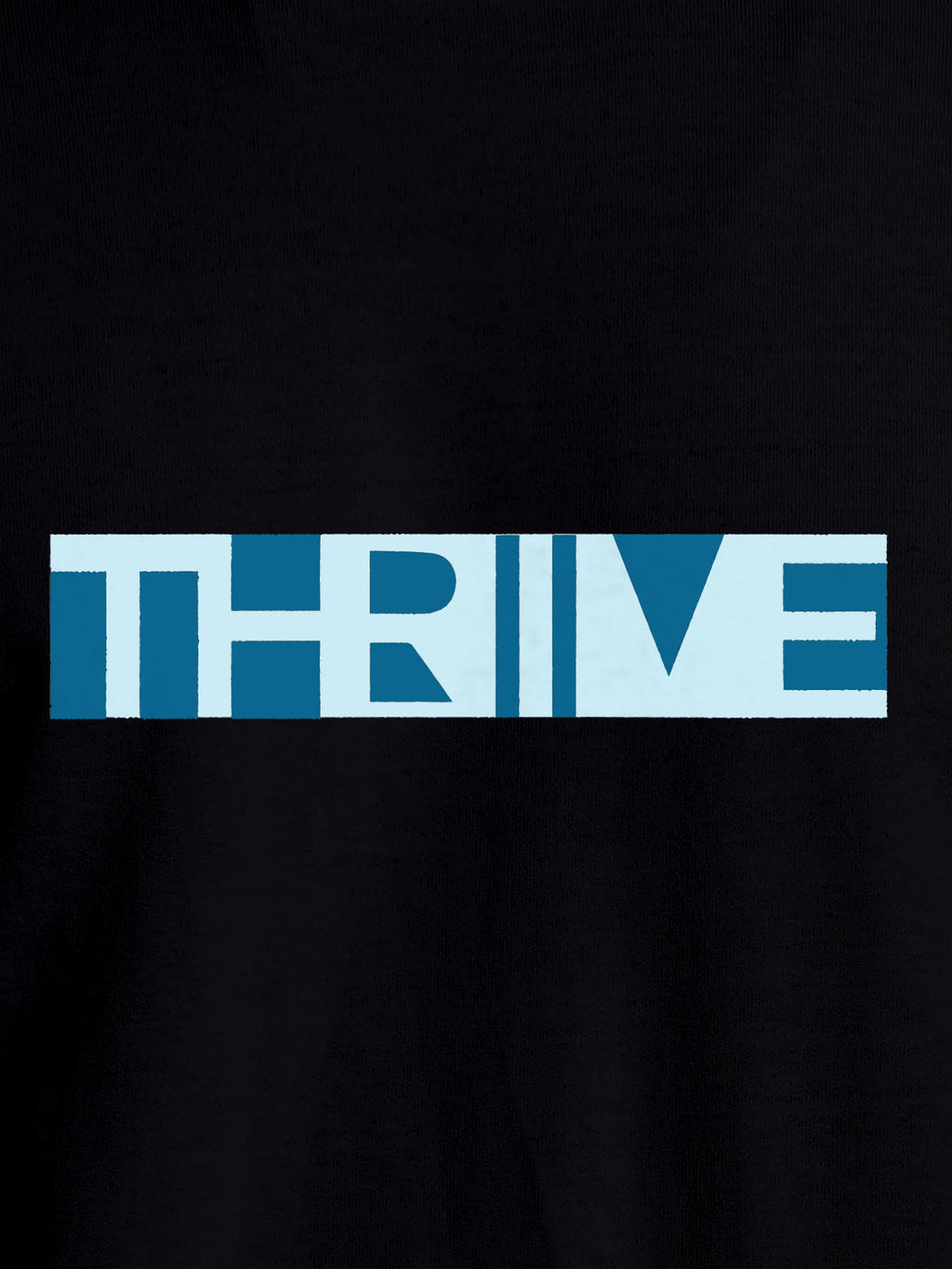 Close up of 'Thrive' design on Men's Black Round Neck T-shirt, highlighting intricate details and vibrant print.