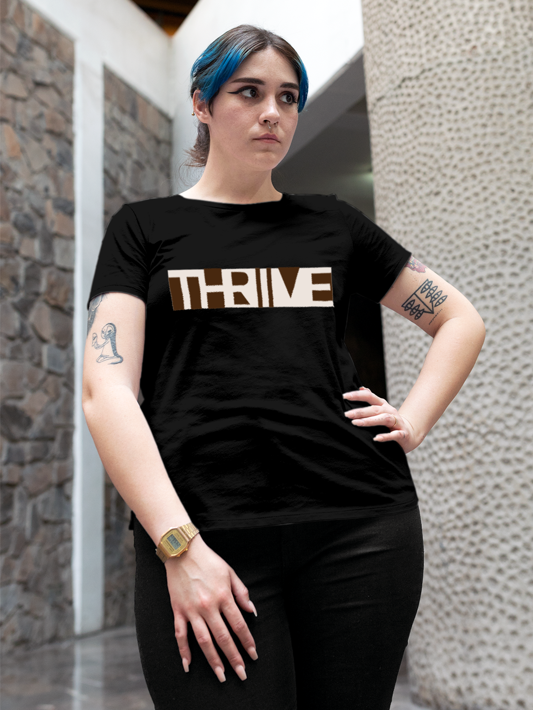 Model wearing Women's Black Round Neck T-shirt with 'Thrive' design, offering effortless style and premium comfort