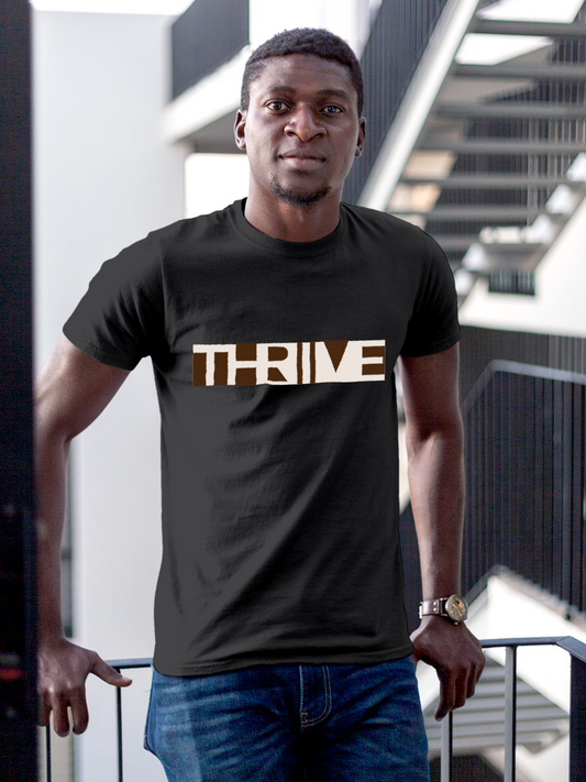 Fighterhero T-shirts: Model wearing Men's Dark Grey Round Neck T-shirt with 'Thrive' design