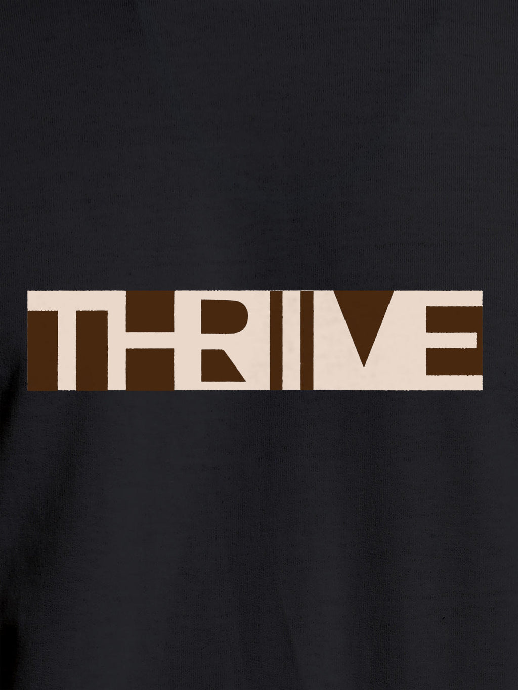 Close up of 'Thrive' design on Men's Dark Grey Round Neck T-shirt, highlighting intricate details and vibrant print.