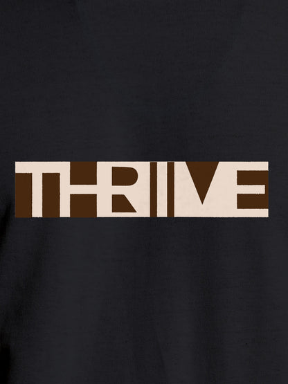 Close up of 'Thrive' design on Men's Dark Grey Round Neck T-shirt, highlighting intricate details and vibrant print.