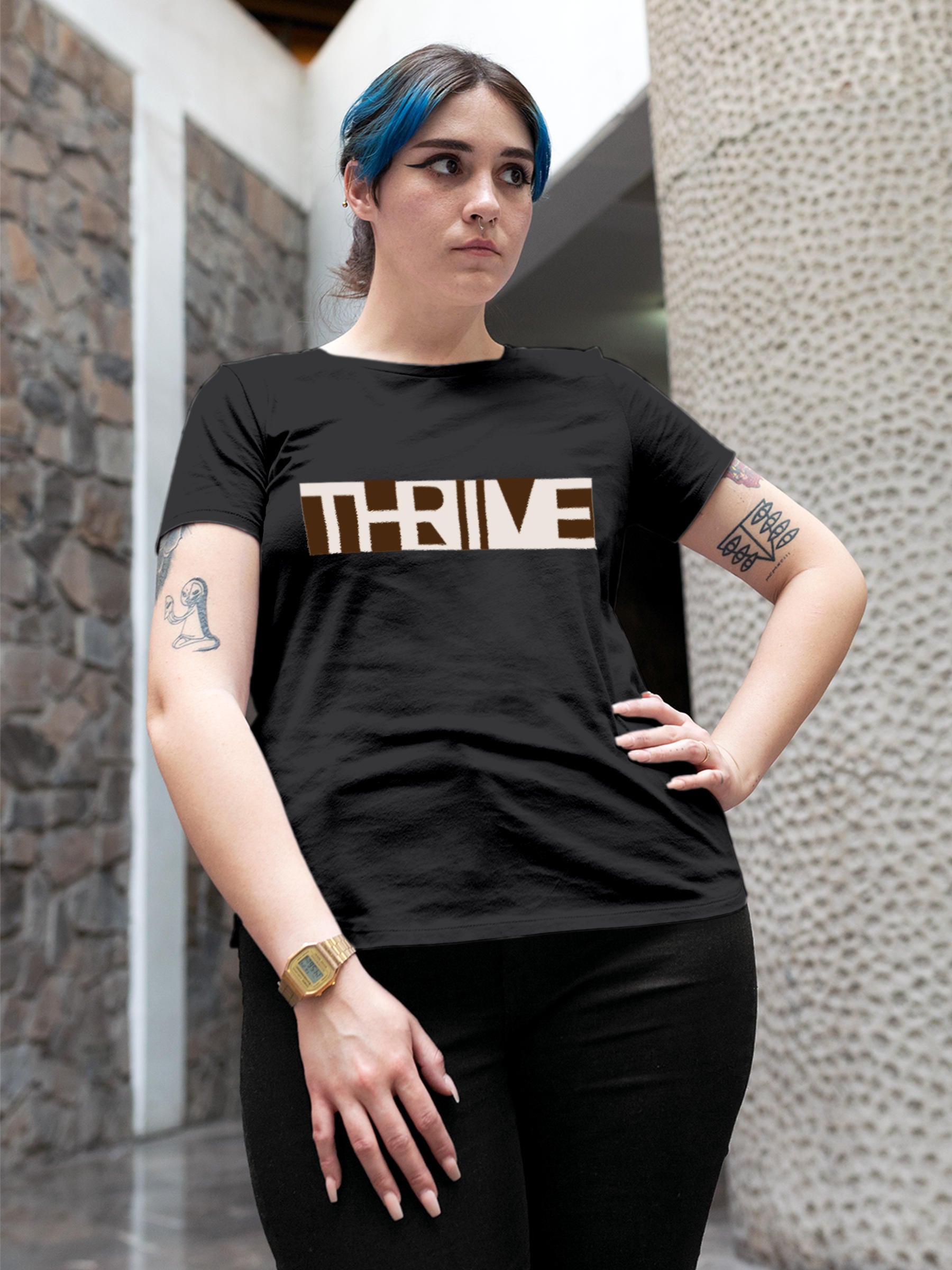 Model wearing Women's Dark Grey Round Neck T-shirt with 'Thrive' design, offering effortless style and premium comfort
