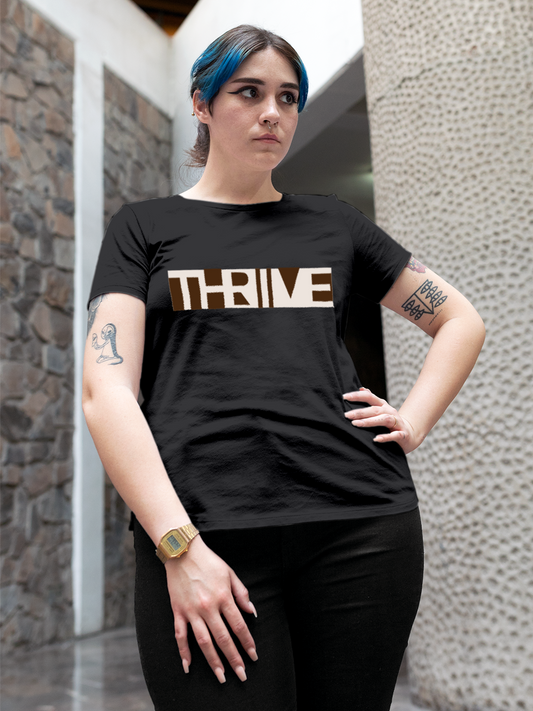 Fighterhero T-shirts: Model wearing Women's Dark Grey Round Neck T-shirt with 'Thrive' design