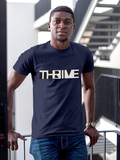 Model wearing Men's Navy Blue Round Neck T-shirt with 'Thrive' design, offering effortless style and premium comfort