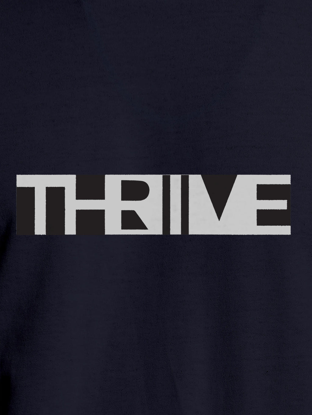Close up of 'Thrive' design on Men's Navy Blue Round Neck T-shirt, highlighting intricate details and vibrant print.