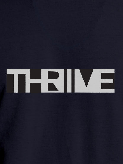 Close up of 'Thrive' design on Men's Navy Blue Round Neck T-shirt, highlighting intricate details and vibrant print.
